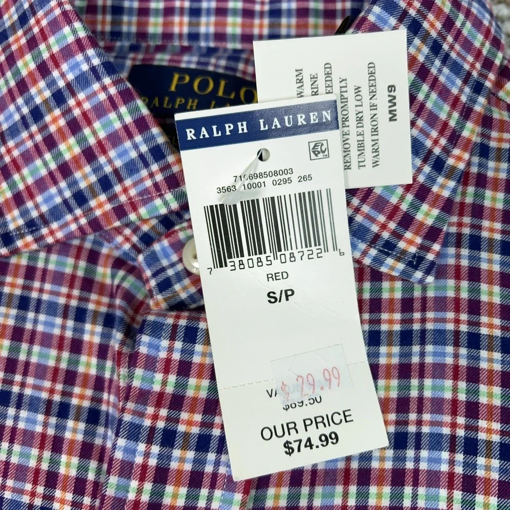 Polo Ralph Lauren Mens Shirt Small Red Blue Plaid Button Cotton Classic Fit Pony